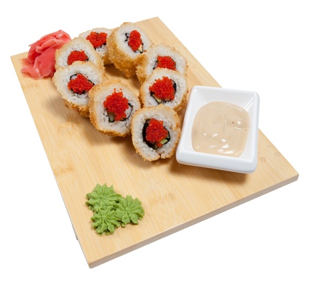 sushi on wooden stand isolated on white backgroundの写真素材