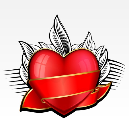 Valentine day heart with red ribbon and leaves on background のイラスト素材