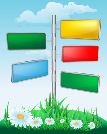 signpost on the meadow with flowers. Vector illustrationのイラスト素材