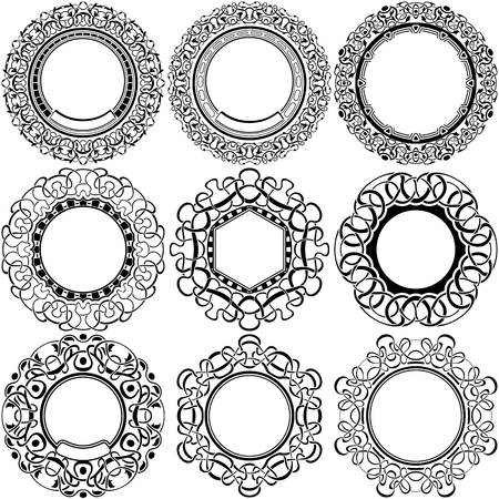 Big set of round black frame with ornamental borderのイラスト素材