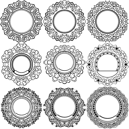 Big set of round black frame with ornamental borderのイラスト素材