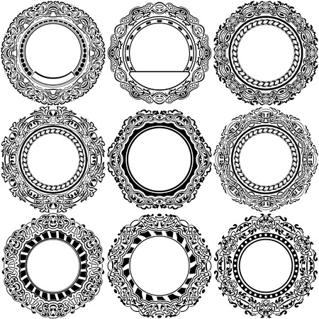 Big set of round black frame with ornamental borderのイラスト素材