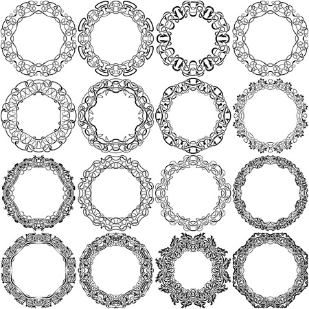 Big set of round black frame with ornamental borderのイラスト素材
