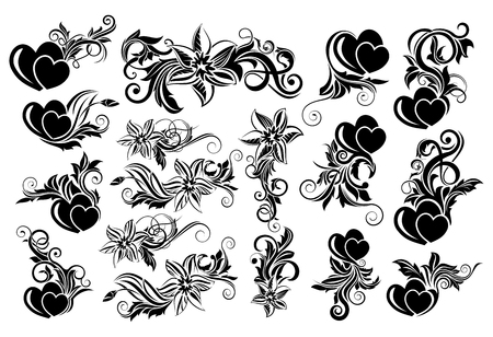 Big set of black floral design element with heartsのイラスト素材