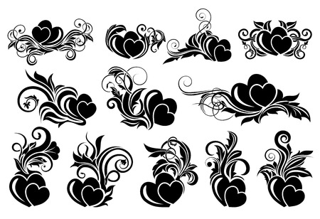 Big set of black floral design element with heartsのイラスト素材