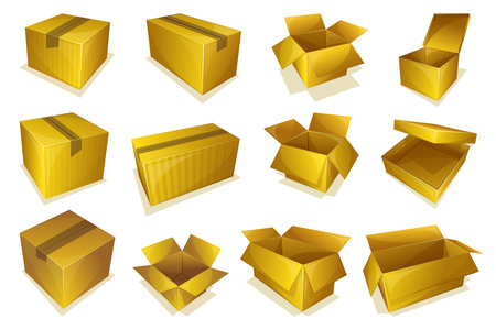 Set of 12 opened and closed cardboard parcel iconのイラスト素材