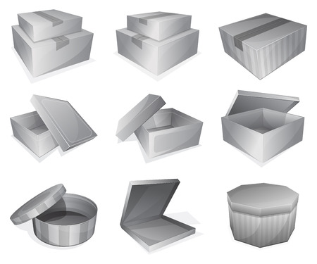 Set of 9 opened and closed cardboard parcel iconのイラスト素材