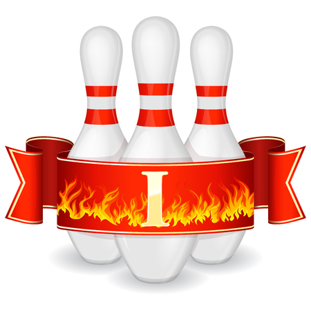 Three bowling pins surrounded by red ribbon with flame and roman numeral 1のイラスト素材