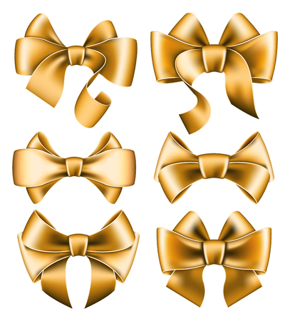 Set of 6 gold bows on white background. Vector illustrationのイラスト素材