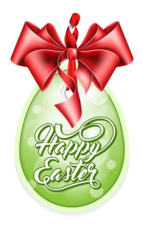 label with red bow and calligraphic inscription Happy Easterのイラスト素材