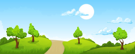 Cartoon illustration of the rural summer landscape with roadのイラスト素材