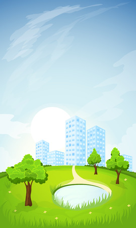 Rural summer landscape with city and lakeのイラスト素材