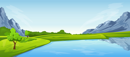 Rural summer landscape with riverのイラスト素材