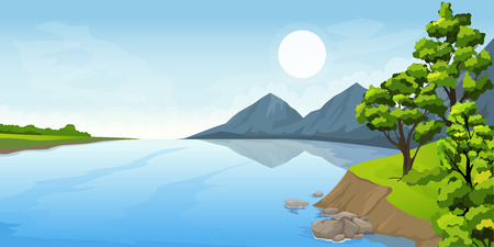 Cartoon illustration of the rural summer landscape with mountain lakeのイラスト素材