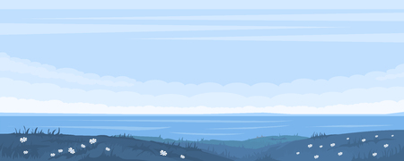 Cartoon illustration monochrome blue seascape with hills and seaのイラスト素材