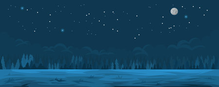 Cartoon illustration of the night summer landscape with spruce forestのイラスト素材