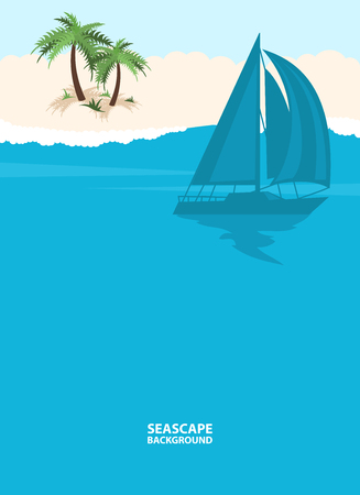 Seascape background with ship beach and palmsのイラスト素材