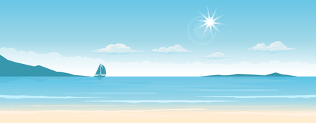 Tropical paradise beach with ship on the horizons. Travel and tourism. wide panorama backgroundのイラスト素材
