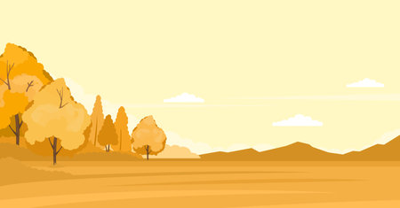 Cartoon illustration of landscape with fields and yellow hillsのイラスト素材