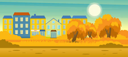 Rural autumn landscape with cityのイラスト素材