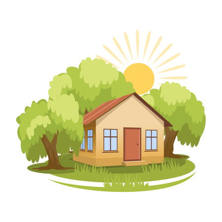 Summer landscape. House surrounded by trees.のイラスト素材