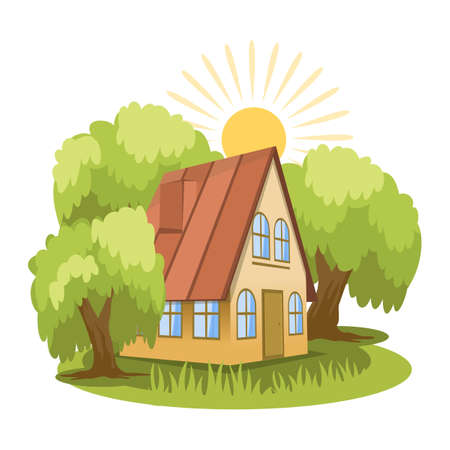 Summer landscape. House surrounded by treesのイラスト素材