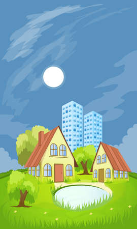 Rural summer landscape with houses and lakeのイラスト素材