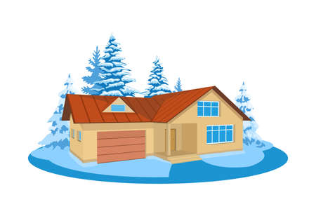 Winter landscape. 3D cottage surrounded by treesのイラスト素材