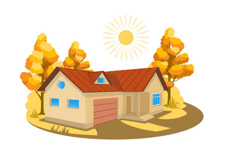 Autumn landscape. 3D cottage surrounded by treesのイラスト素材