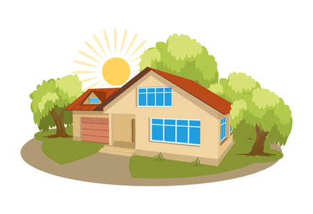 Summer landscape. 3D cottage icon surrounded by trees.のイラスト素材