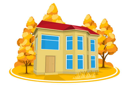 Autumn landscape. 3D cottage surrounded by treesのイラスト素材