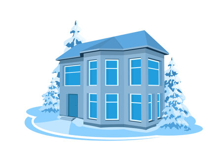 Winter landscape. 3D cottage surrounded by treesのイラスト素材