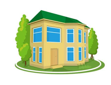 Summer landscape. 3D cottage icon surrounded by trees.のイラスト素材