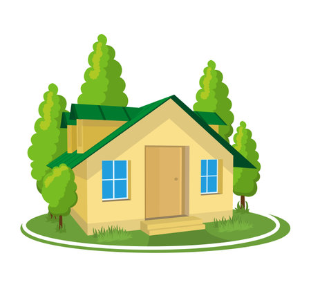Summer landscape. 3D cottage icon surrounded by trees.のイラスト素材