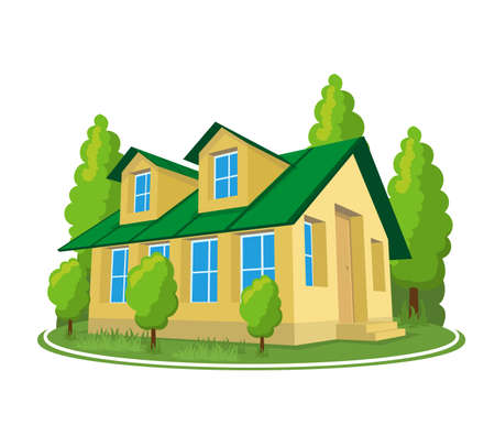 Summer landscape. 3D cottage icon surrounded by trees.のイラスト素材