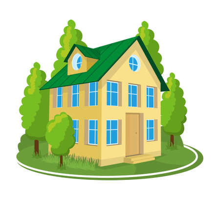 Summer landscape. 3D cottage icon surrounded by trees.のイラスト素材