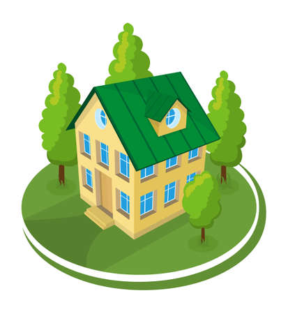 Summer landscape. 3D cottage icon surrounded by trees.のイラスト素材