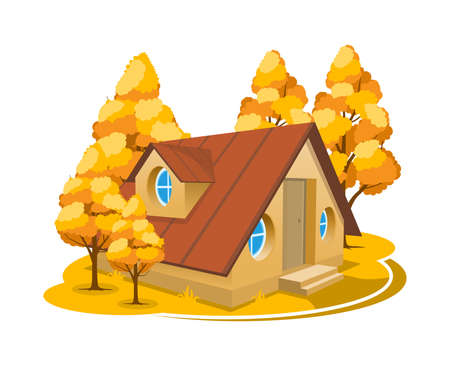 Autumn landscape. 3D cottage surrounded by treesのイラスト素材