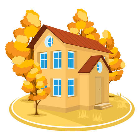 Autumn landscape. 3D cottage surrounded by treesのイラスト素材