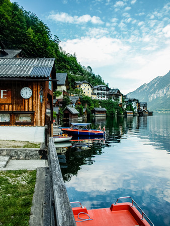 Small historical city in high Alps Hallstatt Austriaの写真素材