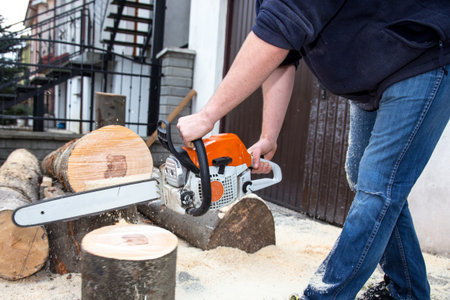 The worker cutting the tree with a saw