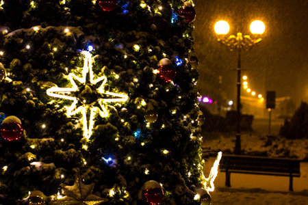 Fragment of christmass tree and the street lamps