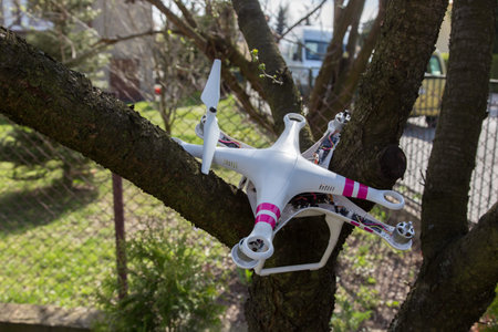 Small damaged drone after the bad accident