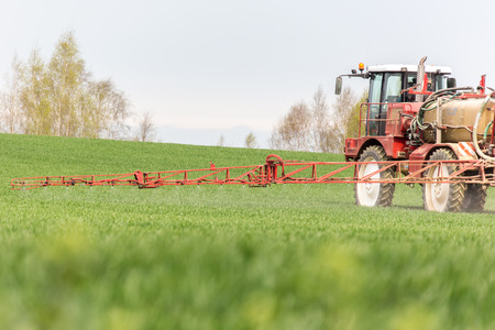 Spraying the herbicides on the green fieldの写真素材