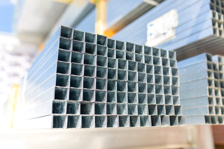 Close view on the steels profiles on a stackの写真素材
