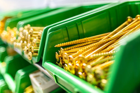 Many yellow screws in the green plastic box