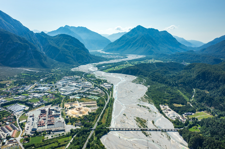 Aerial view on the river Tagliamento in Italyの写真素材