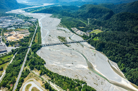 Aerial view on the river Tagliamento in Italyの写真素材