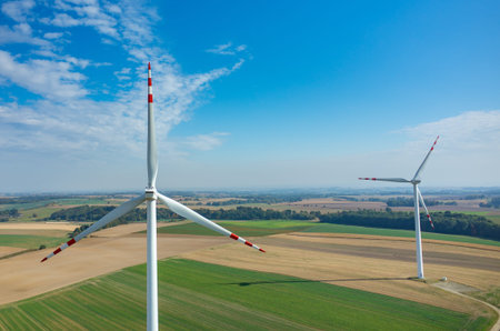 Aerial view on the windmills on the field