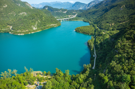 Aerial view on the lake in mountains Alps Italyの写真素材